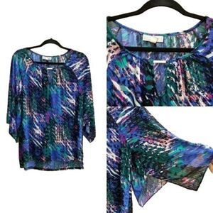 Dana Buchman Blouse Sheer Retro 80's Paint Splatter Split Kimono Sleeve‎ Blue L